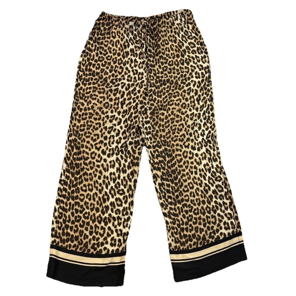 H&M Cheetah Print Brown Wide Leg‎ Pull On Drawstring Pants Sz L Boho Event